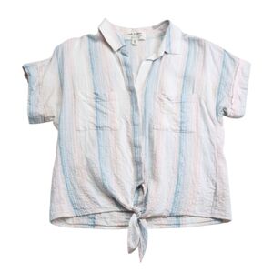 CLOTH & STONE ANTHROPOLOGIE Liya Pastel Stripe Button-down Linen Blend Top Sz M
